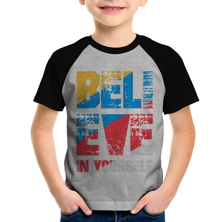 Camiseta Raglan Infantil Believe In Yourself - Cinza/Preto
