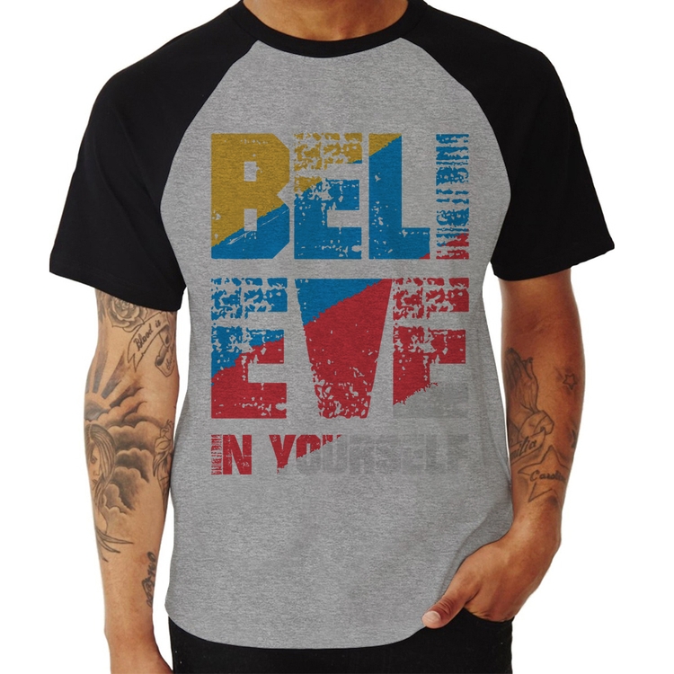 Camiseta Raglan Believe In Yourself - Cinza/Preto