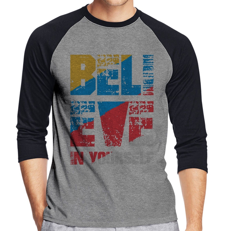 Camiseta Raglan Believe In Yourself Manga 3/4 - Cinza/Preto
