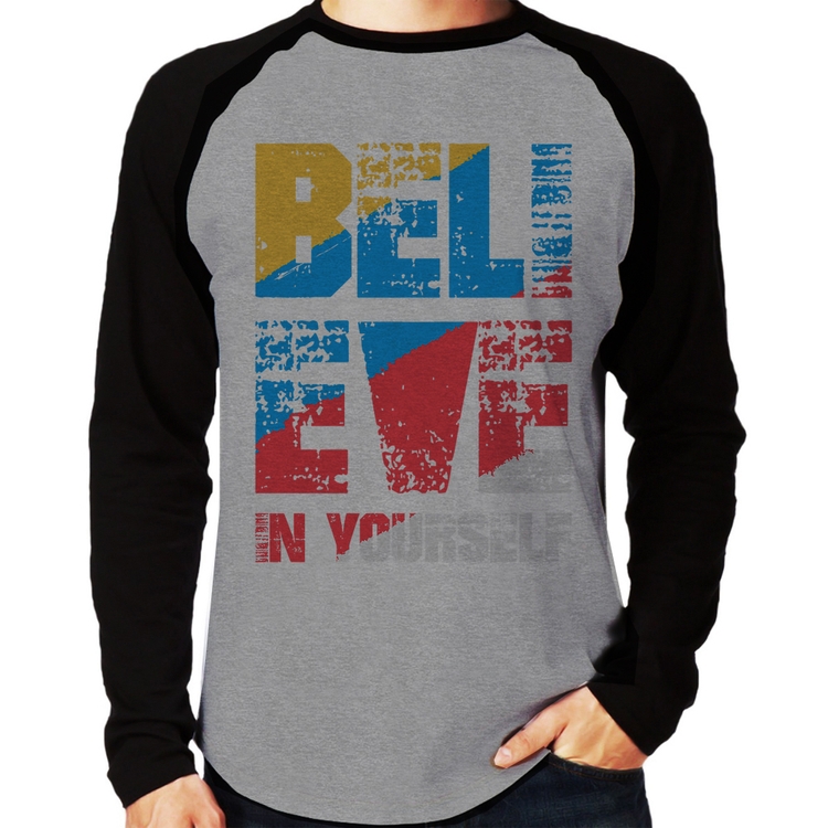 Camiseta Raglan Believe In Yourself Manga Longa - Cinza/Preto
