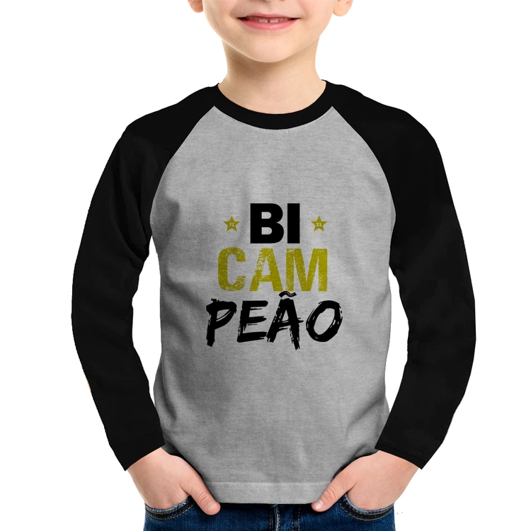 Camiseta Raglan Infantil BiCAMpeão Manga Longa - Cinza/Preto