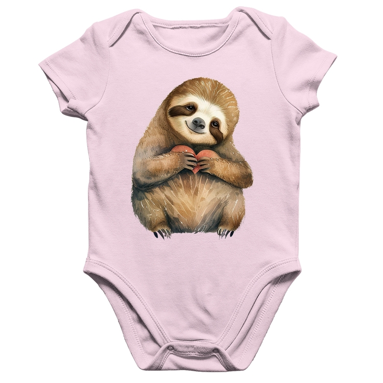 Body Bebê Algodão Bicho Preguiça Coração - Rosa Bebê
