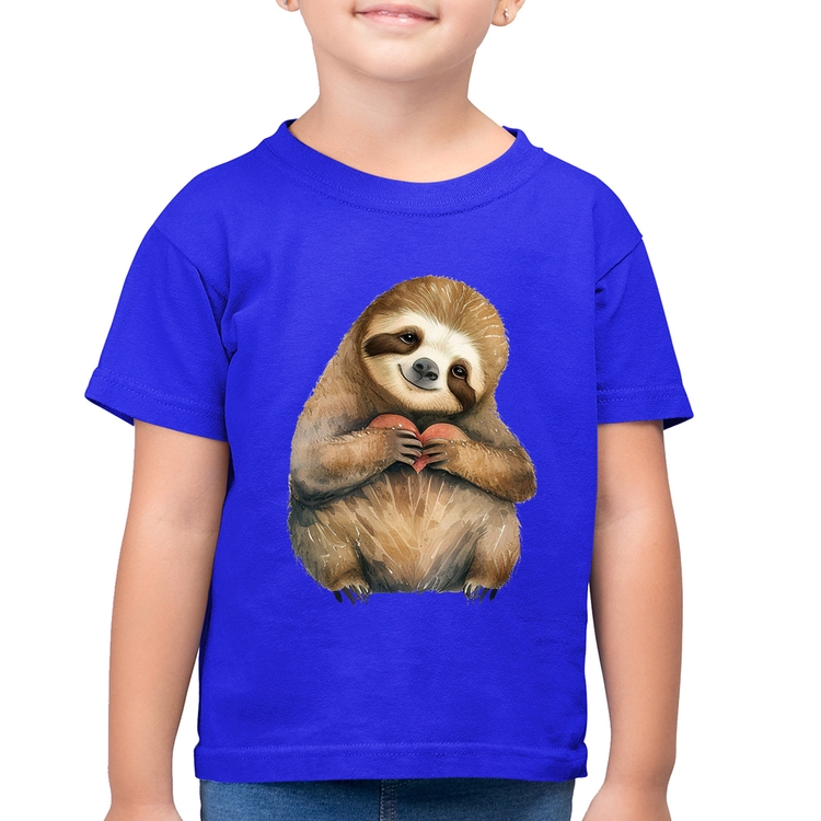 Camiseta Algodão Infantil Bicho Preguiça Coração - Azul Royal