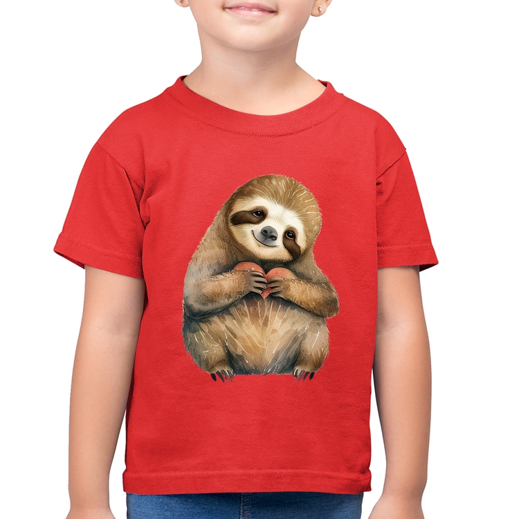 Camiseta Algodão Infantil Bicho Preguiça Coração - Vermelha