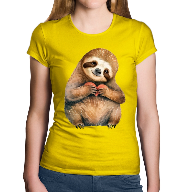 Baby Look Algodão Bicho Preguiça Coração - Amarela