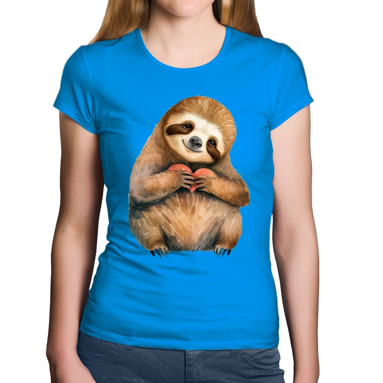 Baby Look Algodão Bicho Preguiça Coração - Azul