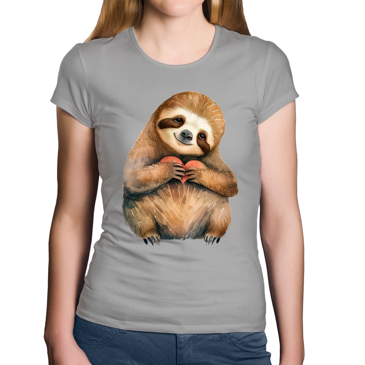 Baby Look Algodão Bicho Preguiça Coração - Cinza