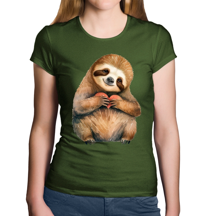 Baby Look Algodão Bicho Preguiça Coração - Musgo