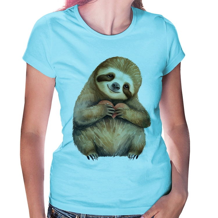 Baby Look Bicho Preguiça Coração - Azul Bebê