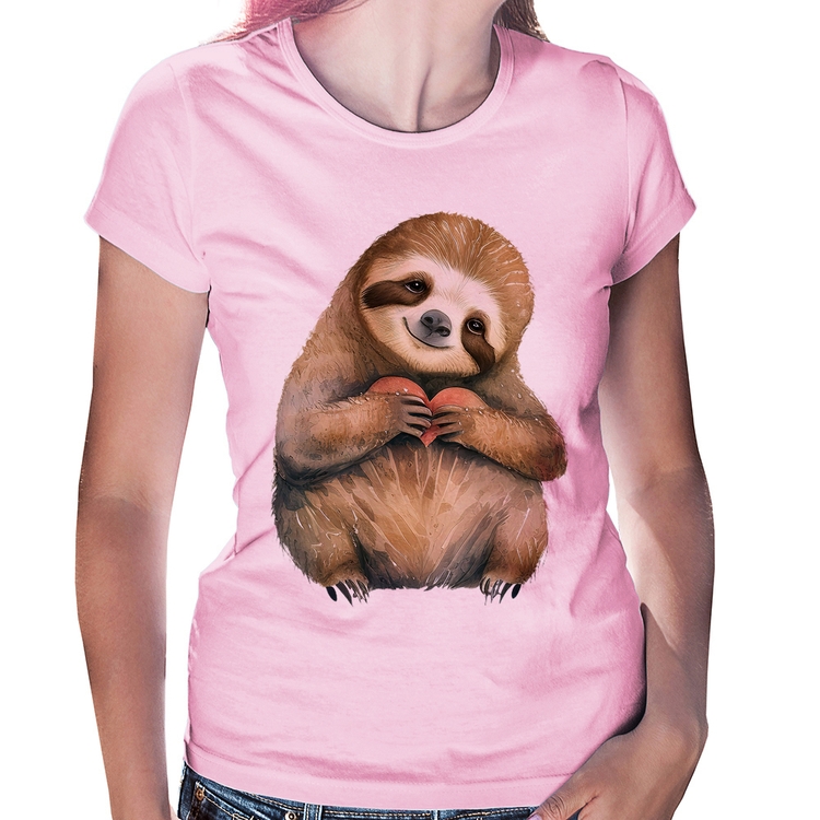 Baby Look Bicho Preguiça Coração - Rosa Bebê