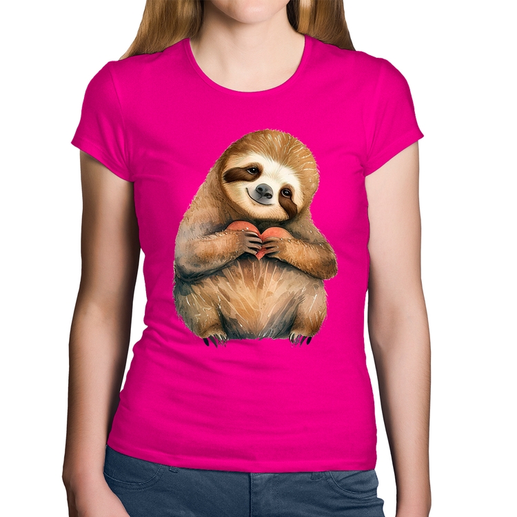 Baby Look Algodão Bicho Preguiça Coração - Rosa