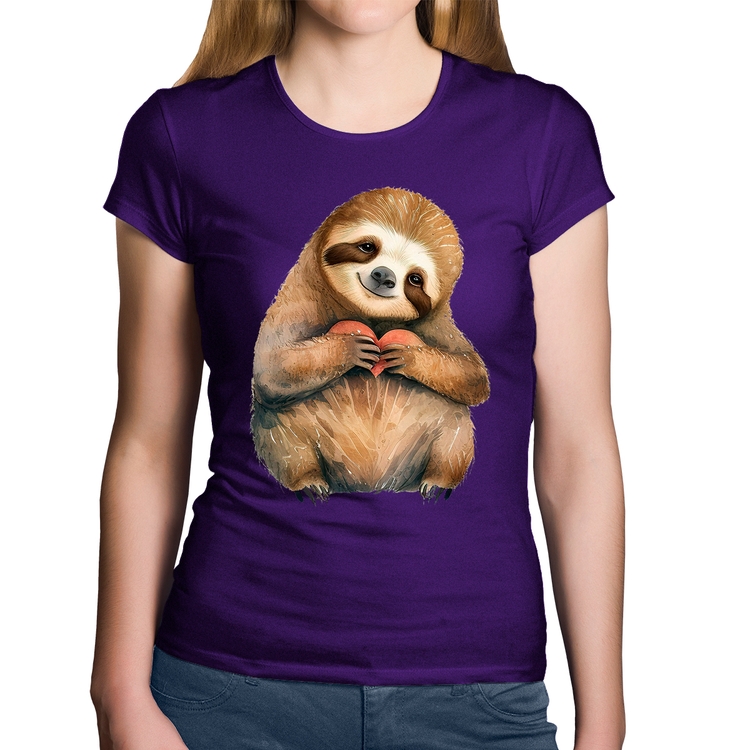 Baby Look Algodão Bicho Preguiça Coração - Roxa