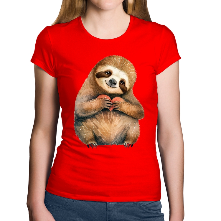 Baby Look Algodão Bicho Preguiça Coração - Vermelha