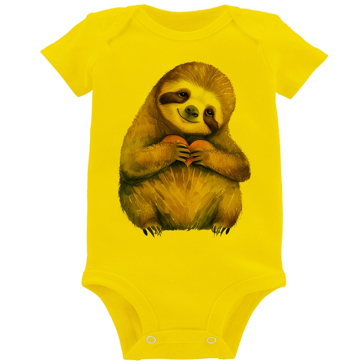 Body Bebê Bicho Preguiça Coração - Amarelo