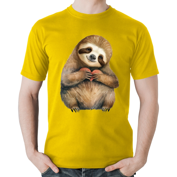 Camiseta Algodão Bicho Preguiça Coração - Amarela