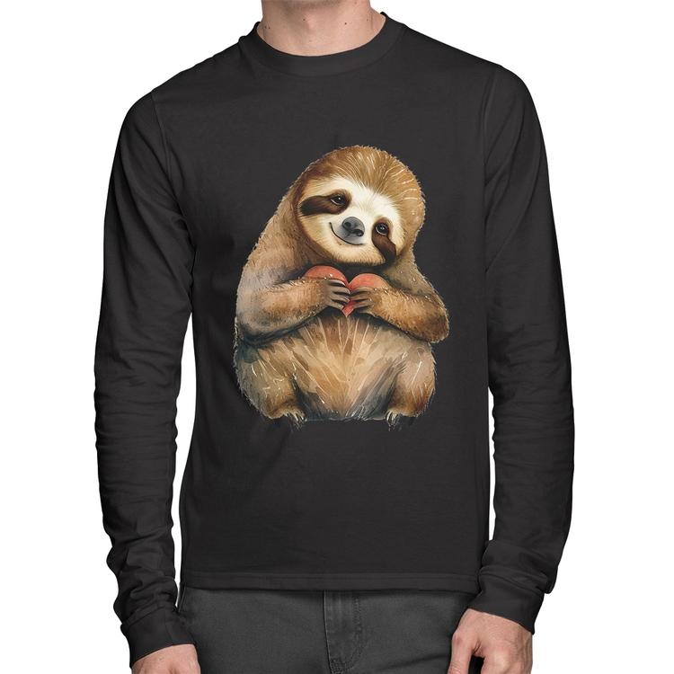 Camiseta Algodão Bicho Preguiça Coração Manga Longa