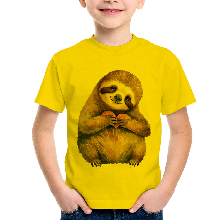 Camiseta Infantil Bicho Preguiça Coração - Amarela