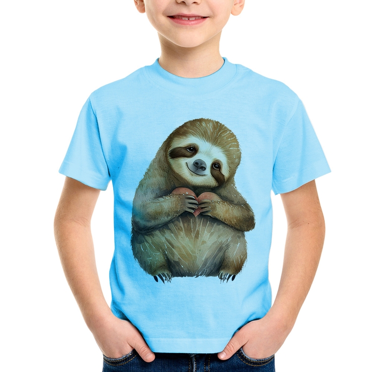 Camiseta Infantil Bicho Preguiça Coração - Azul Bebê