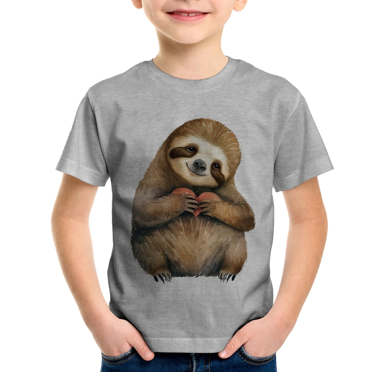 Camiseta Infantil Bicho Preguiça Coração - Cinza