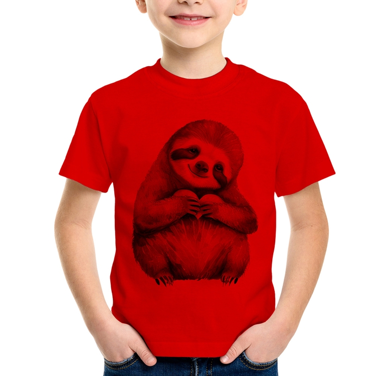 Camiseta Infantil Bicho Preguiça Coração - Vermelha