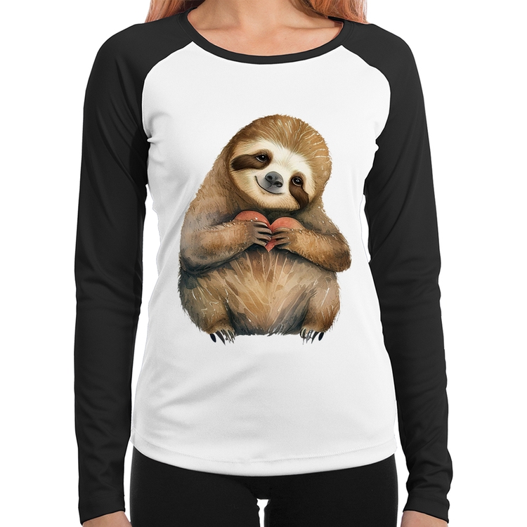 Baby Look Raglan Bicho Preguiça Coração Manga Longa