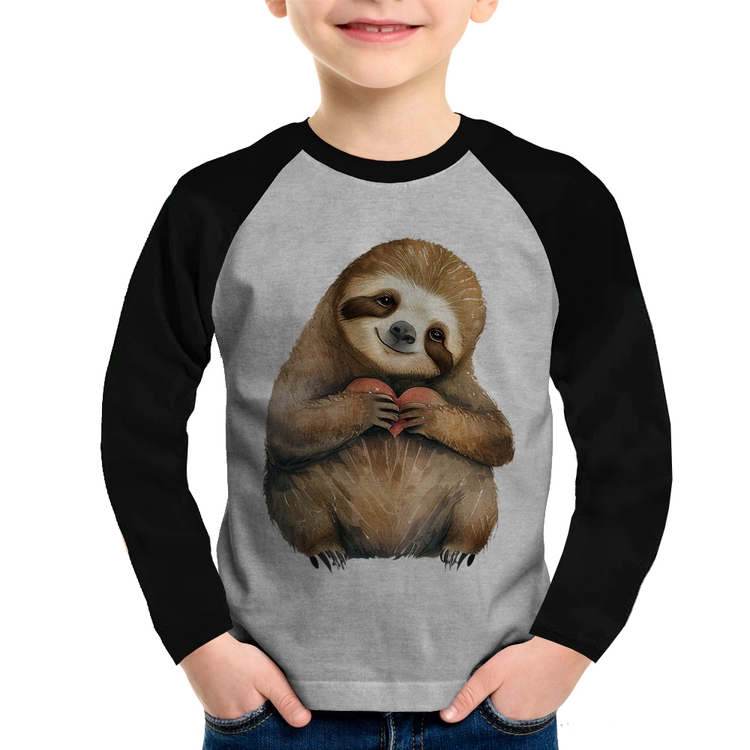Camiseta Raglan Infantil Bicho Preguiça Coração Manga Longa - Cinza/Preto