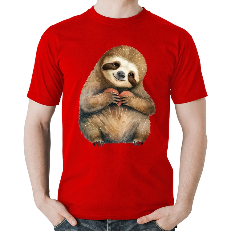 Camiseta Algodão Bicho Preguiça Coração - Vermelha