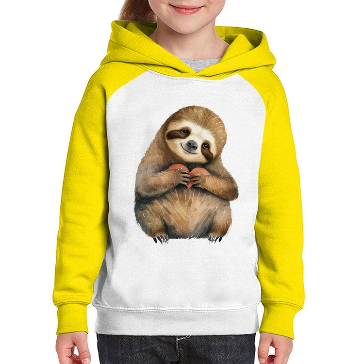 Moletom Infantil Bicho Preguiça Coração - Branco/Amarelo