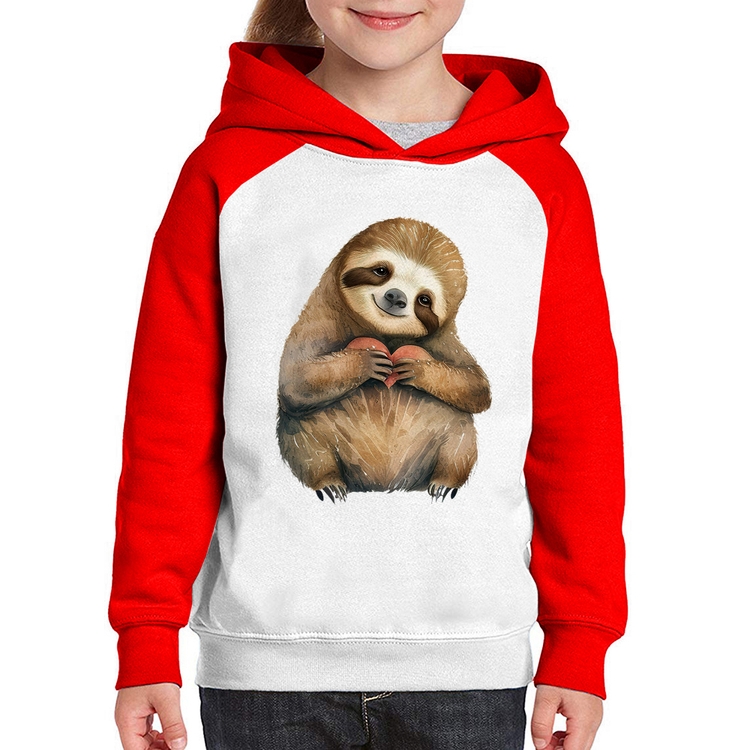 Moletom Infantil Bicho Preguiça Coração - Branco/Vermelho