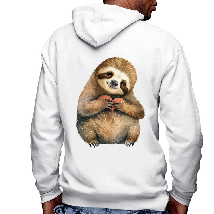 Blusa Moletom Bicho Preguiça Coração Masculina com Capuz e Zíper - Branca