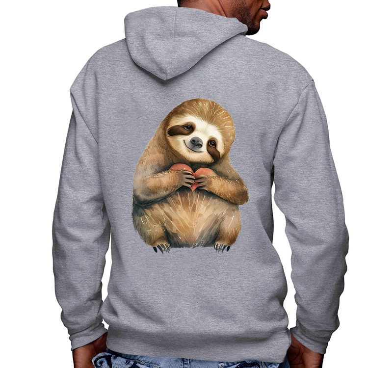 Blusa Moletom Bicho Preguiça Coração Masculina com Capuz e Zíper - Mescla