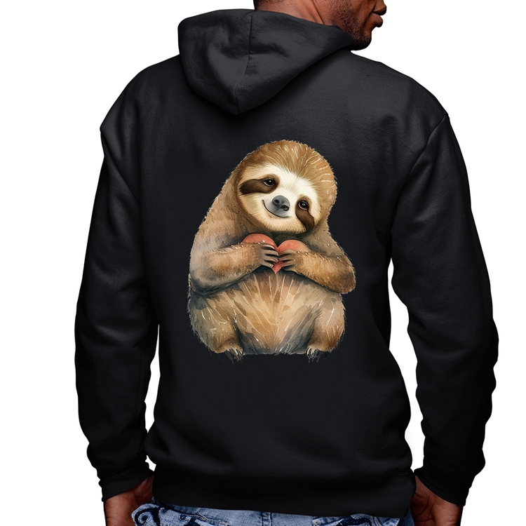 Blusa Moletom Bicho Preguiça Coração Masculina com Capuz e Zíper