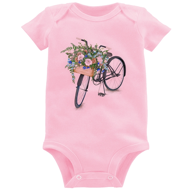 Body Bebê Bicicleta Cesto de Flores - Rosa Bebê