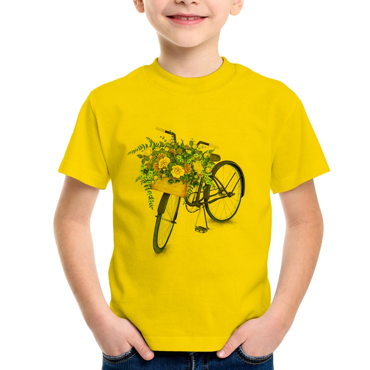 Camiseta Infantil Bicicleta Cesto de Flores - Amarela