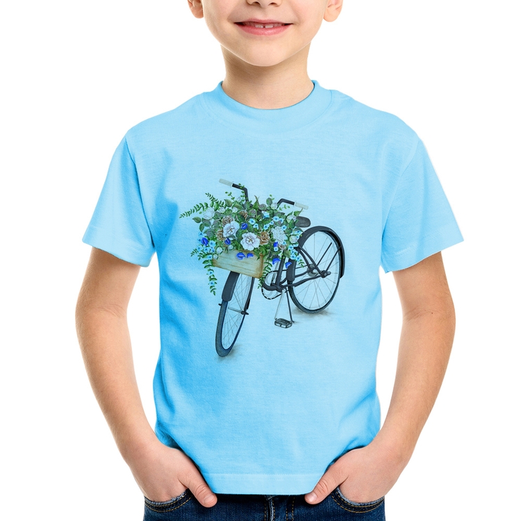 Camiseta Infantil Bicicleta Cesto de Flores - Azul Bebê