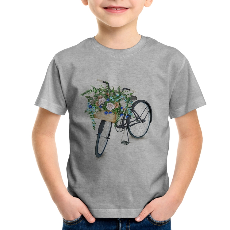 Camiseta Infantil Bicicleta Cesto de Flores - Cinza