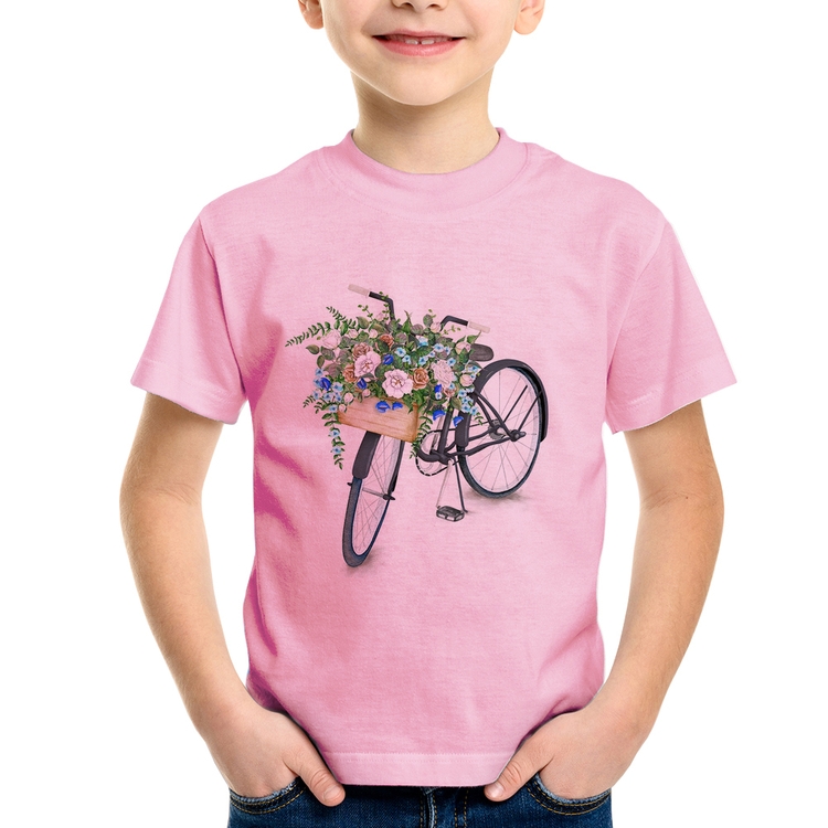 Camiseta Infantil Bicicleta Cesto de Flores - Rosa Bebê