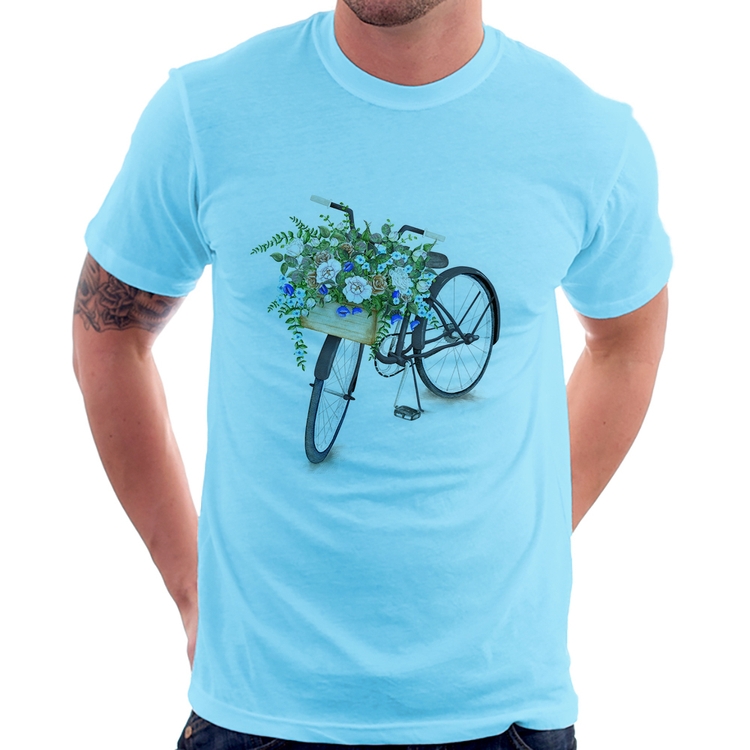Camiseta Bicicleta Cesto de Flores - Azul Bebê