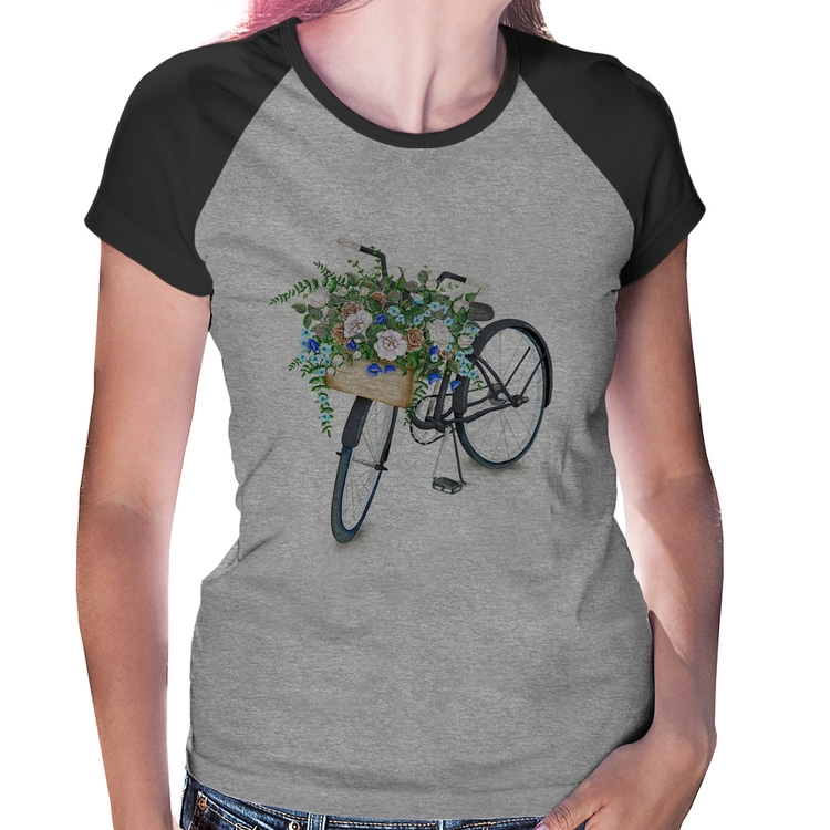 Baby Look Raglan Bicicleta Cesto de Flores - Cinza/Preto
