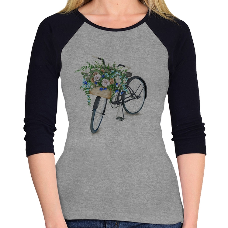 Baby Look Raglan Bicicleta Cesto de Flores Manga 3/4 - Cinza/Preto