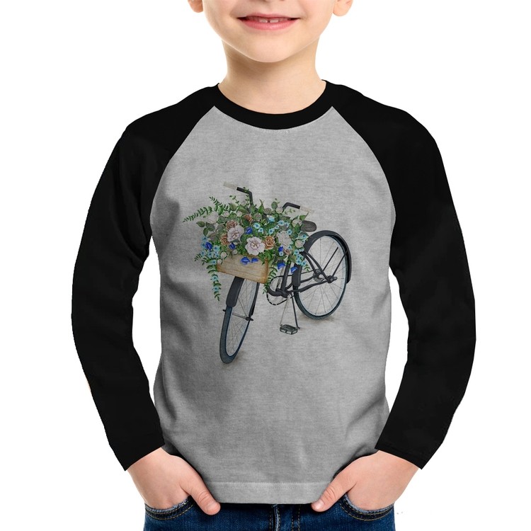 Camiseta Raglan Infantil Bicicleta Cesto de Flores Manga Longa - Cinza/Preto