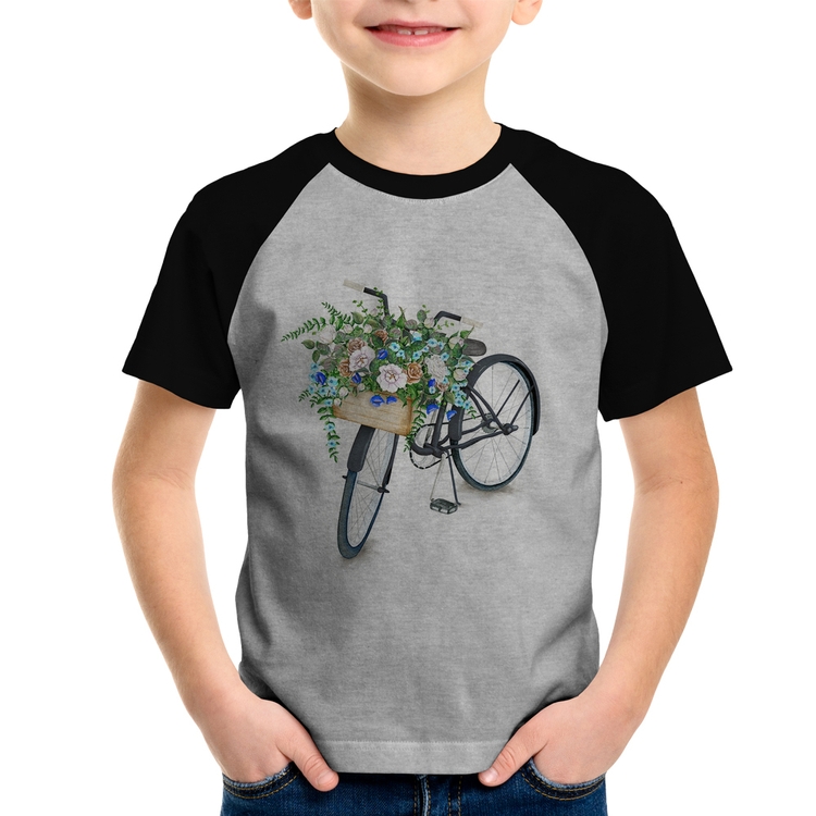 Camiseta Raglan Infantil Bicicleta Cesto de Flores - Cinza/Preto