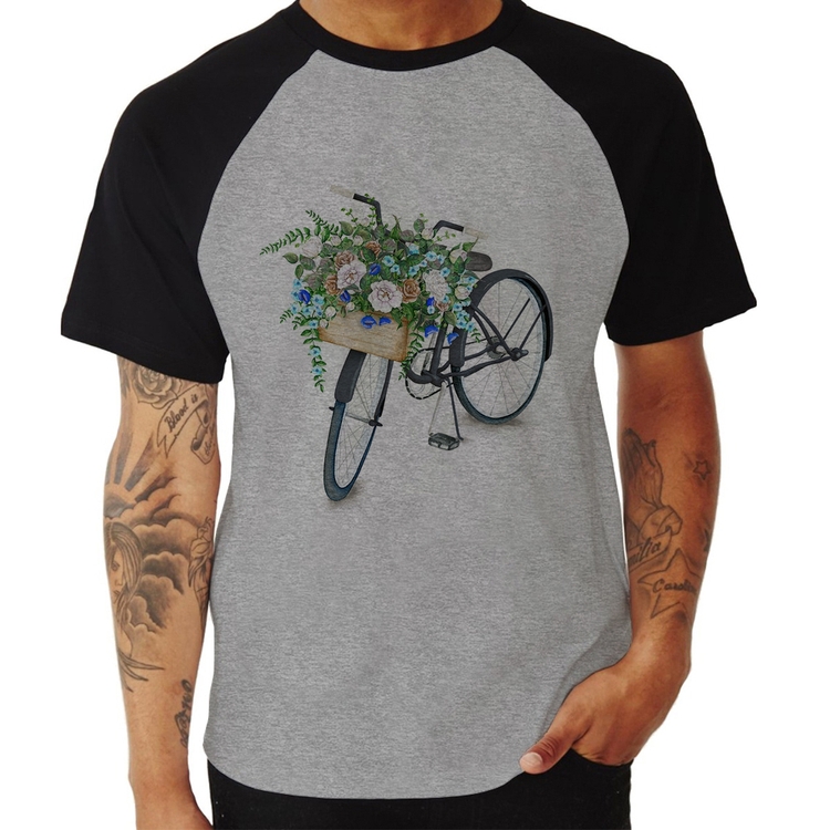 Camiseta Raglan Bicicleta Cesto de Flores - Cinza/Preto