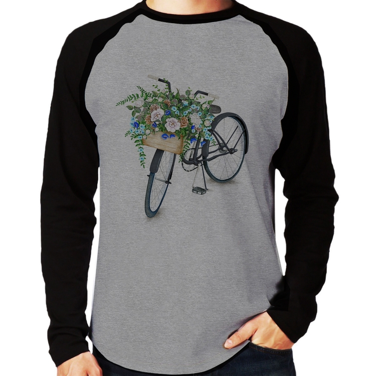 Camiseta Raglan Bicicleta Cesto de Flores Manga Longa - Cinza/Preto