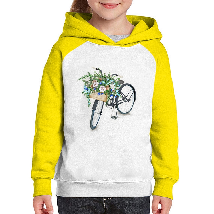 Moletom Infantil Bicicleta Cesto de Flores - Branco/Amarelo