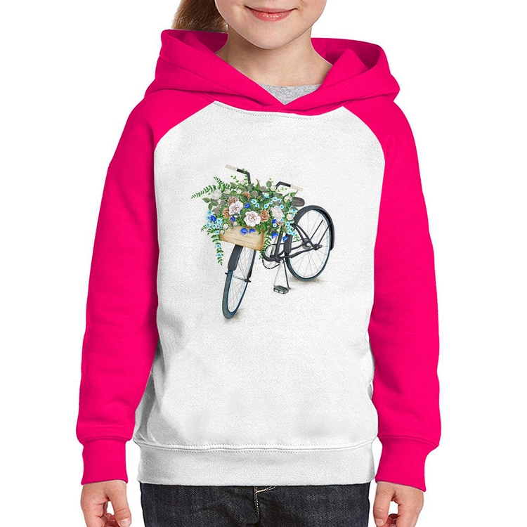Moletom Infantil Bicicleta Cesto de Flores - Branco/Rosa