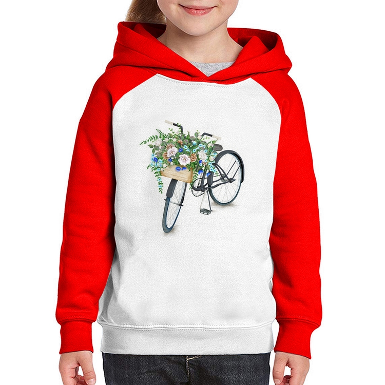 Moletom Infantil Bicicleta Cesto de Flores - Branco/Vermelho