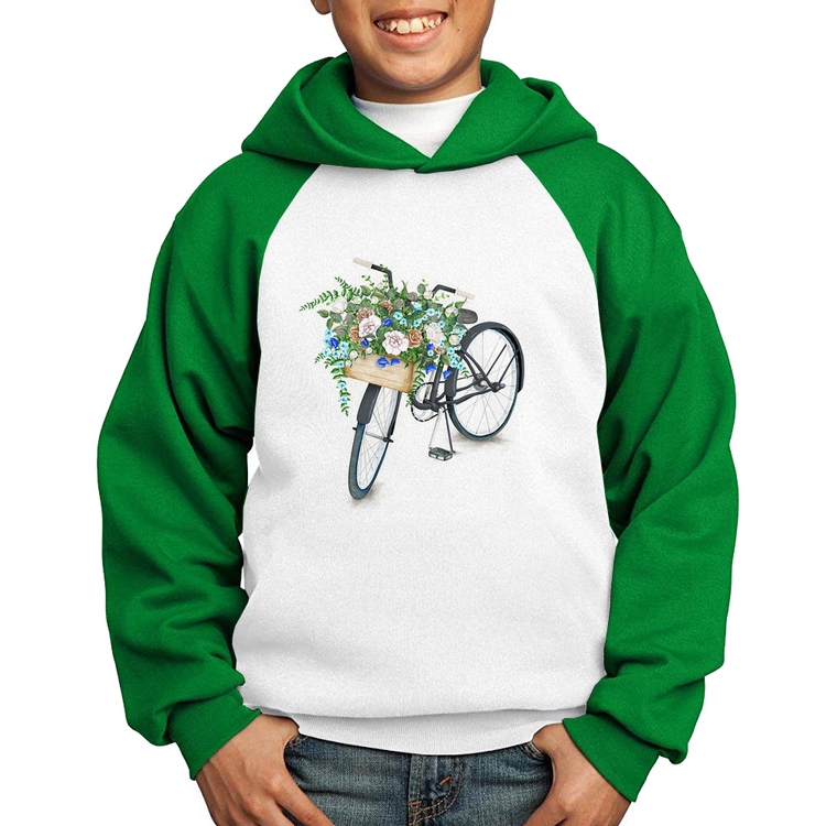 Moletom Infantil Bicicleta Cesto de Flores - Branco/Verde
