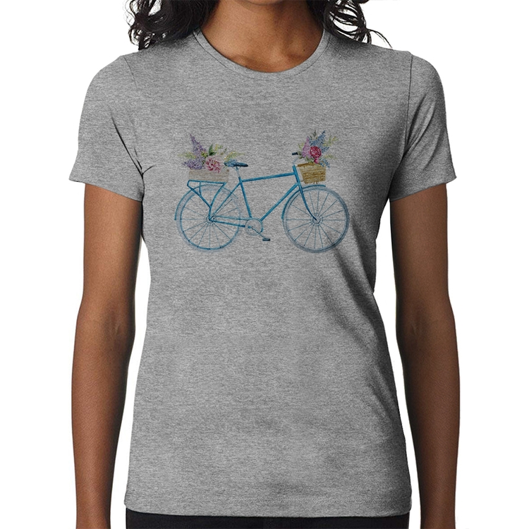 Baby Look Bicicleta e Flores - Cinza
