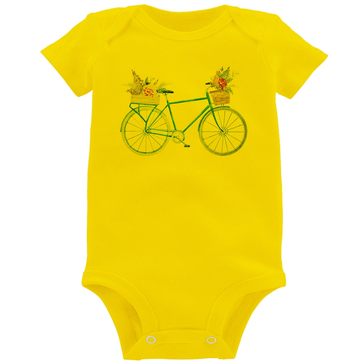 Body Bebê Bicicleta e Flores - Amarelo